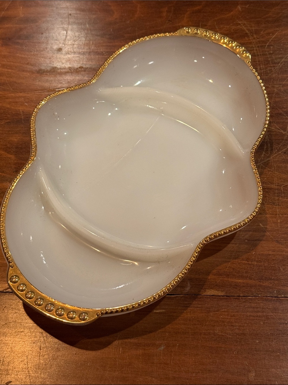 VINTAGE FIRE KING Milk Glass Divided Relish Tray 11” 22K Gold Bead Trim MCM EXC